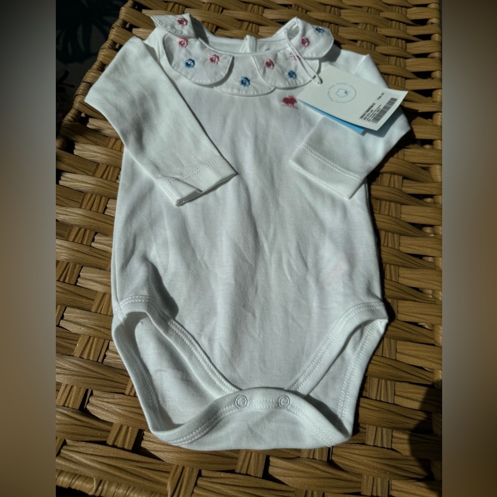 Babycottons White Long Sleeve Baby Onesie with Floral Embroidery